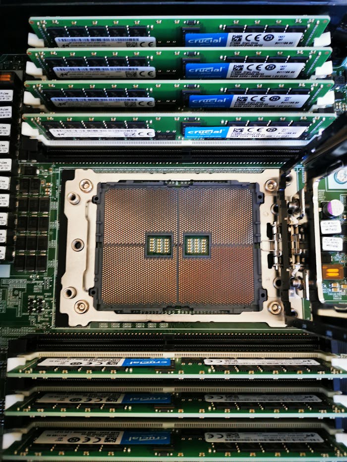 stats-img High-resolution image showing a close-up view of a computer servers processor and RAM assembly.